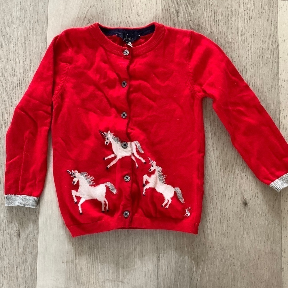 Joules Kids Red Unicorn Cotton Cardigan Sweater Silver Sparkle Cuffs Size 4y